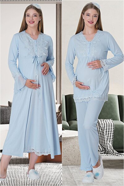 Mecit Pijama Mecit 1519 Blue Maternity Dressing Gown Nightgown Pajama Set