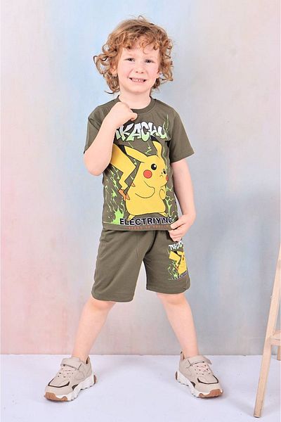 Yağmur Giyim Pjkskt Boys' Short Sleeve Suit with Pikachu Pattern Khaki Shorts 7609-H