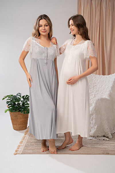 CT MODA ثوب نوم نسائي صيفي من الدانتيل باللون الرمادي بتصميم خاص من القطن للح...