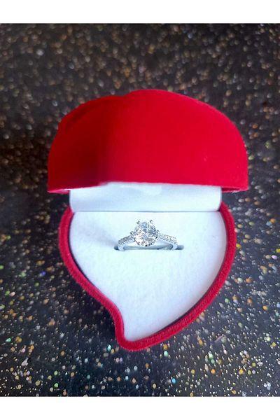 JUPİTER HOME Steel Silver White Solitaire Ring in a Box with Hearts and Red Roses Birthday Gift for Lover Friend
