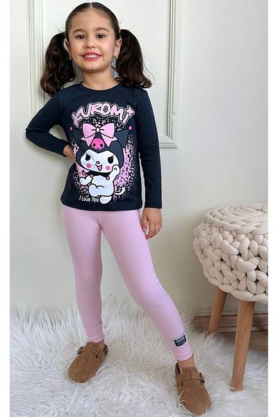 Yağmur Giyim Kuromi Pattern Girls' Set with Black and Pink Leggings 3-10 Years Old 7498-P