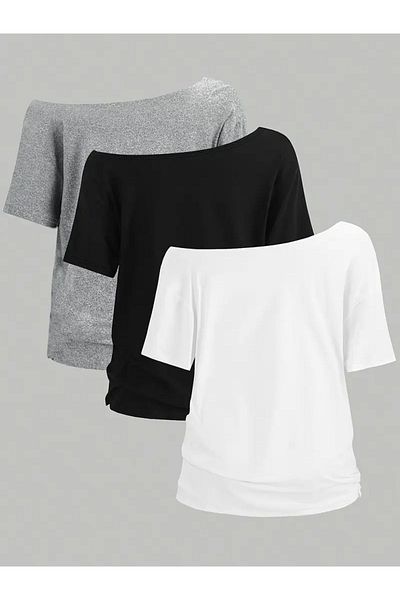 Machetta Women's Off Shoulder Boat Neck 3-Piece T-Shirt Set