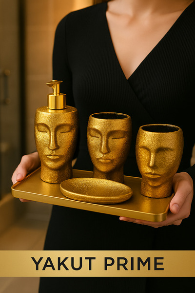 YAKUT prime 4 Parça Yüz Şekilli Banyo Seti Sabunluklu Mat Gold Detaylı - ÖZEL ÜRETİM