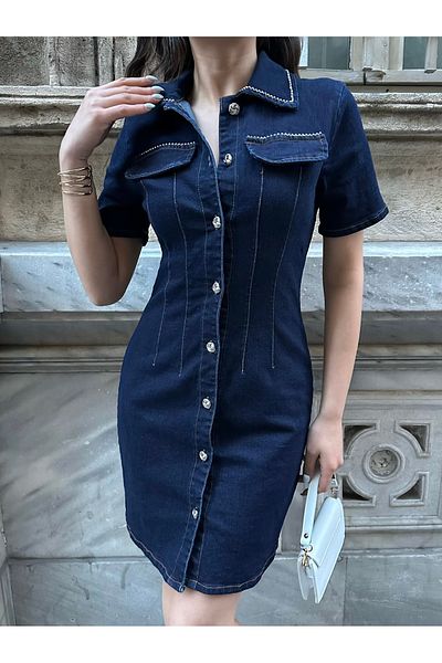 BESTELLA LİFE Ultra Lycra Buttoned Stone Detailed Collar Denim Dress