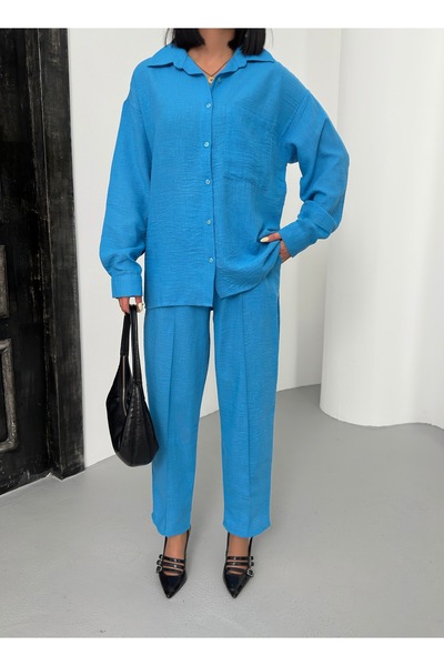 alenmoda Women's Double Linen Shirt Pants Bottom Top Set