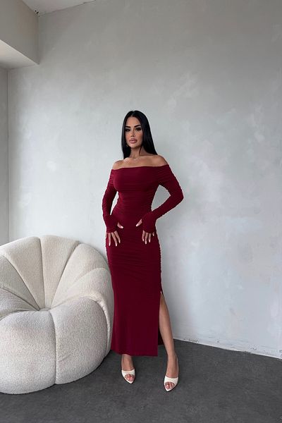 LİLA İSTANBUL Rochie de vară cu mânecă lungă, cu guler Madonna, cu umăr dezactivat