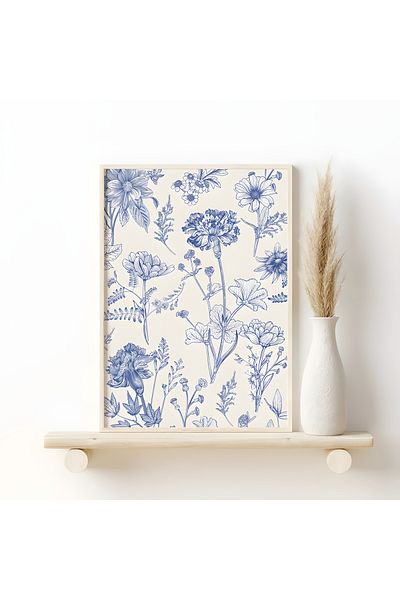 Home Artă de perete botanică albastră Decor de perete de inspirație chineză, set de 3 set de postere fără încadrare