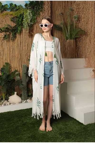 Butik Standard Size White Color Basic Green Motif Patterned Pareo