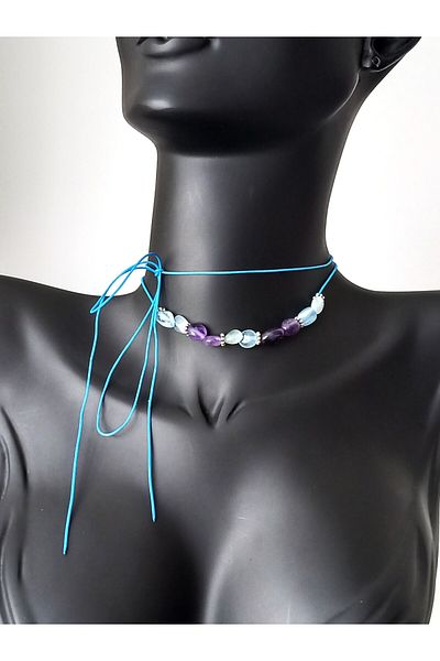 KESKİN GÜMÜŞ Amethyst Aquamarine Natural Stone Blue Chakra Design Choker Silver Women's Necklace
