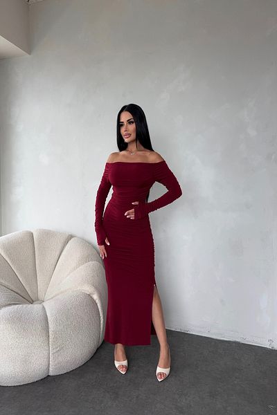LİLA İSTANBUL Rochie de vară cu mânecă lungă, cu guler Madonna, cu umăr dezactivat