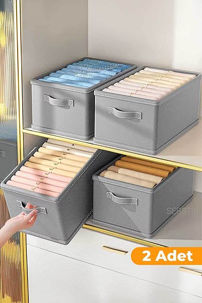 Serstil 2 Pieces - In-Cabinet Organizer, Shelf Organizer, Foldable Clothing Storage Box 45X25X20 cm Gray