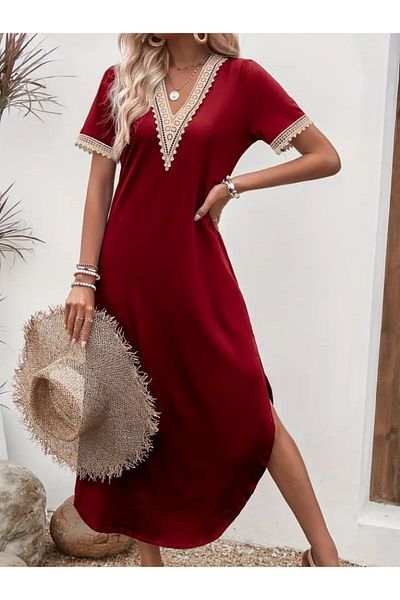 Kokosh moda Rochie de damă cu mânecă scurtă din dantelă, cu decolteu în V, lungă din viscoză