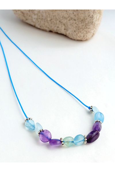 KESKİN GÜMÜŞ Amethyst Aquamarine Natural Stone Blue Chakra Design Choker Silver Women's Necklace