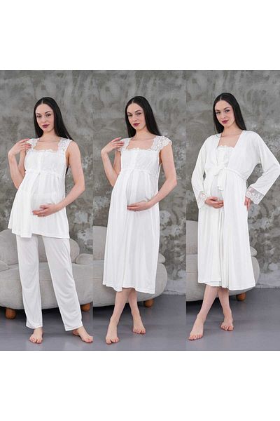 CT MODA Lohussa Femei Ecru Design Vară Bumbac Maternitate Rochie de maternitate, Set de pijamale, Set de 4 cămăși de noapte