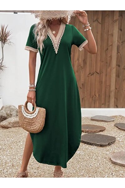 JANES Women's Short Sleeve Lace V Neck Long Viscose Dress