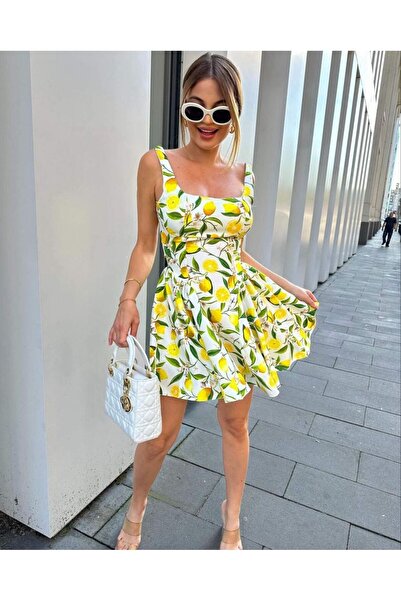 Butik Şenel Limon Baskılı Sırtı Açık Elbise