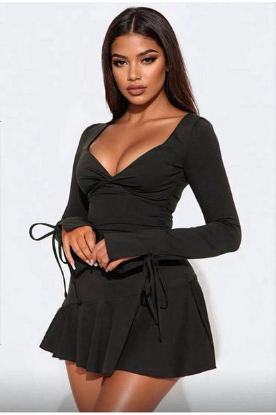 LEMANDA Black Micro Fabric, Flounced Long Sleeve Women Dress for Night Club