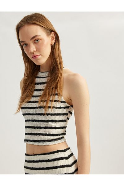 Koton New Season Striped Halter Neck Sleeveless Crop Crochet Top