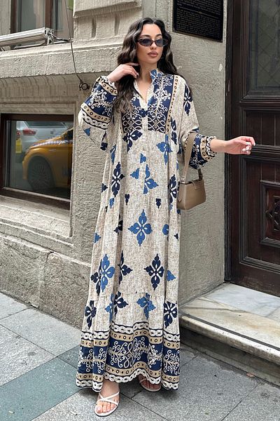 ASEDE 100% Viscose Bohemian Alaçatı Dress V-Neck Ethnic Patterned Viscose Dress Suitable for Hijab