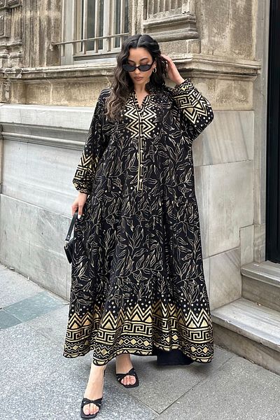 ASEDE 100% Viscose Bohemian Alaçatı Dress V-Neck Ethnic Patterned Viscose Dress Suitable for Hijab