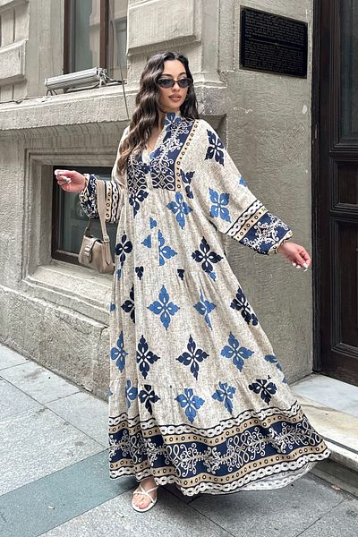 ASEDE 100% Viscose Bohemian Alaçatı Dress V-Neck Ethnic Patterned Viscose Dress Suitable for Hijab