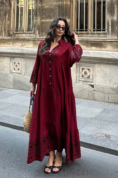 ASEDE 100% Viscose Bohemian Alaçatı Dress V-Neck Ethnic Patterned Viscose Dress Suitable for Hijab