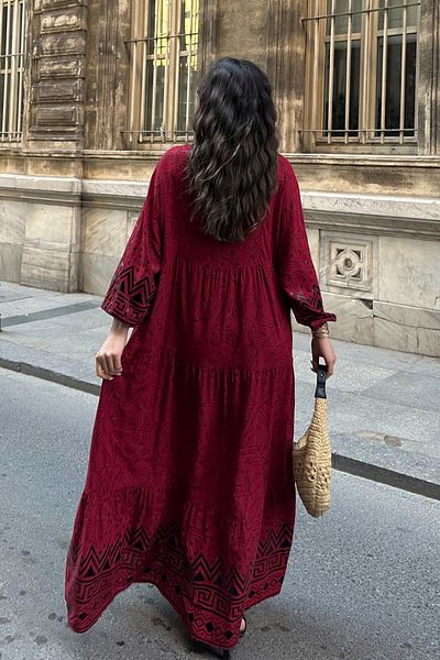 ASEDE 100% Viscose Bohemian Alaçatı Dress V-Neck Ethnic Patterned Viscose Dress Suitable for Hijab