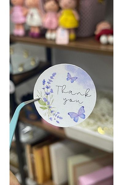 ARLetikettasarım Thank You Written Purple Floral Gift Package Ornament Tag 4X4 cm 24 Pieces - Butiksosyal