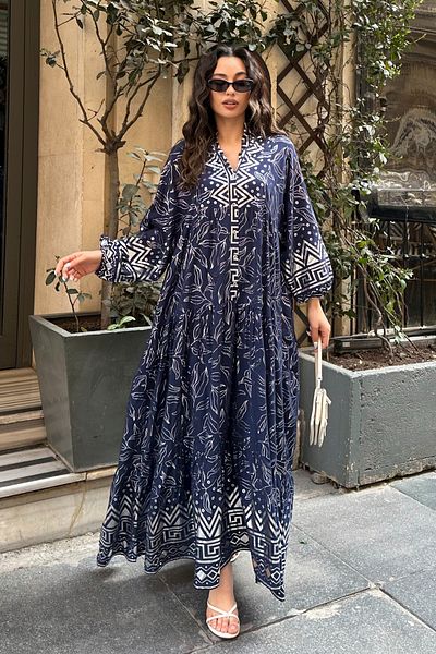 ASEDE 100% Viscose Bohemian Alaçatı Dress V-Neck Ethnic Patterned Viscose Dress Suitable for Hijab