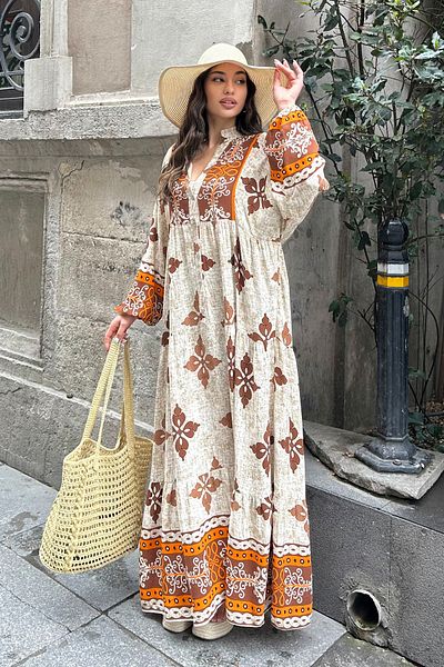ASEDE 100% Viscose Bohemian Alaçatı Dress V-Neck Ethnic Patterned Viscose Dress Suitable for Hijab