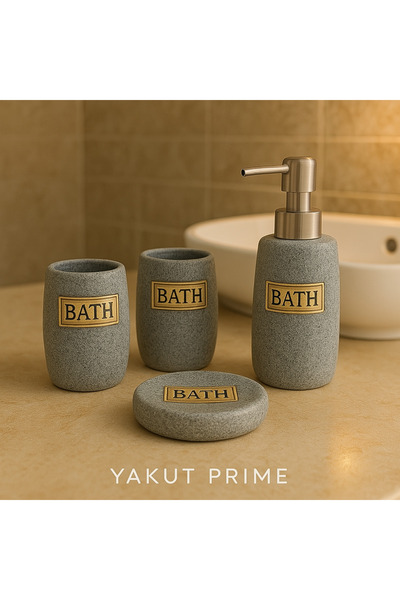 YAKUT prime Bath Yazılı Mat Yüzey Porselen Lüx İthal 4 Parça Banyo Seti - Gri
