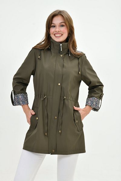 Butik Women's Water Resistant Plus Size Foldable Sleeve Pattern Hooded Lace-Up Waist Trench Coat