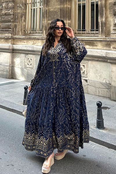 ASEDE 100% Viscose Bohemian Alaçatı Dress V-Neck Ethnic Patterned Viscose Dress Suitable for Hijab