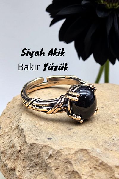 NBS Beautiful Naturel Stones Pure Copper Women's Black Agate Ring Adjustable Trend (Gift, Birthday, Daily)