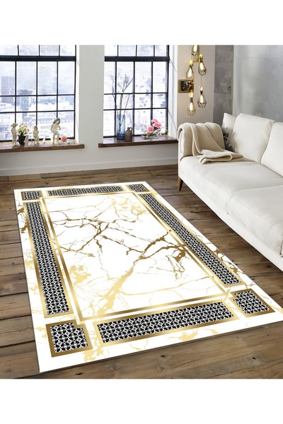 Dijidekor Shine M(203) White Fringeless Non-Slip Based Digital Printed Decora...