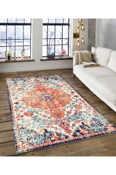 Dijidekor Shine M(174) Orange Fringeless Non-Slip Based Digital Printed Decor...