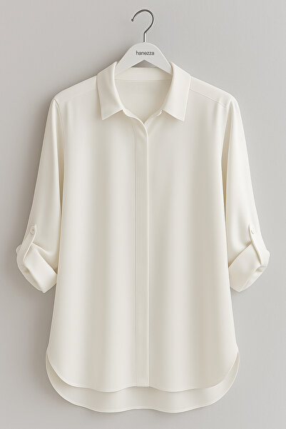 Hanezza Büyük Beden Kadın Abiye Jesica Kumaş Ekru Katlama Kol Gömlek