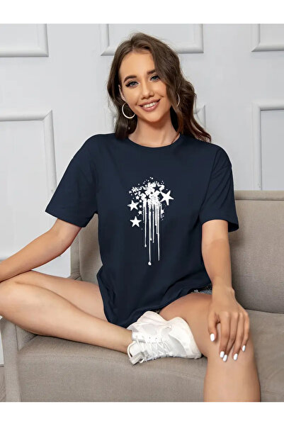 Trend Sizde Tricou oversize cu imprimeu în față cu stea artistică bleumarin p...