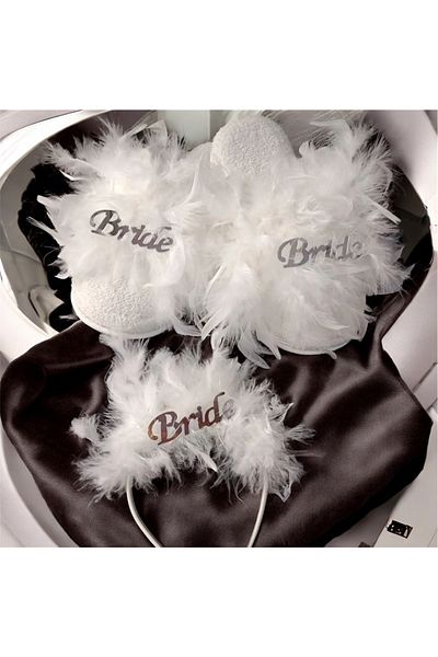 SavBrand Bride White Furry Bridal Slippers and Crown, Furry Maternity Slippers and Crown