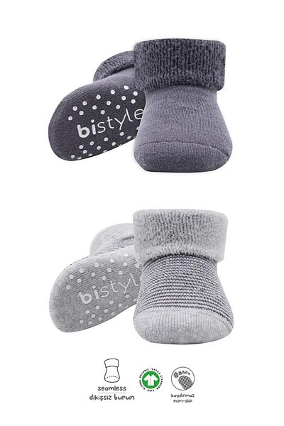 Bistyle Circled Non-Slip Towel Socket Unisex Socks 2 Piece Bs10503 Gray-Anthracite