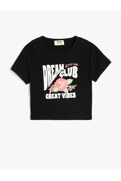 Koton New Season Crew Neck Short Sleeve Cotton Slogan Printed Crop T-Shirt