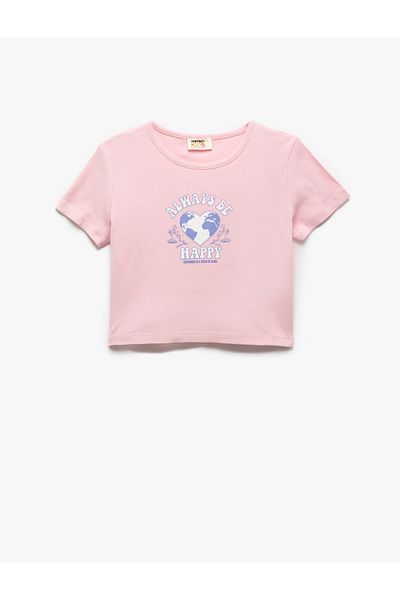 Koton New Season Cotton Heart Printed Crew Neck Short Sleeve Crop T-Shirt