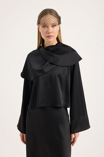 Birgül Bektaş Black Flounce Satin Blouse