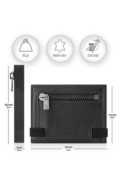 Trusador Marseille Black Zippered Genuine Leather Wallet with Mirror Elastic Rfid Protection Men Women