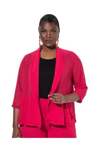 MAMAYAGA Women's Plus Size Chiffon Tulle Draped Stylish Combiner Curve Three Quarter Sleeve Jacket