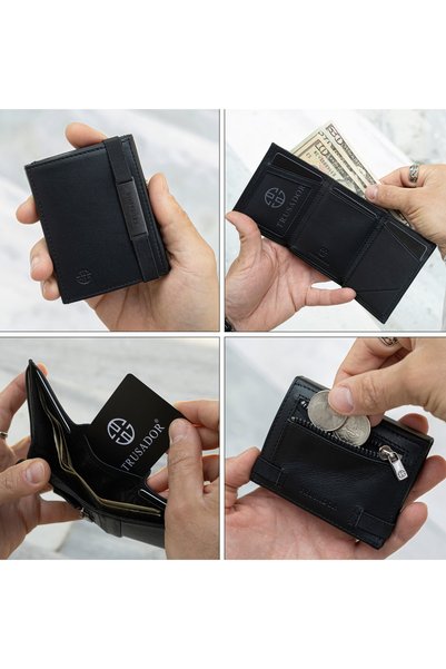 Trusador Marseille Black Zippered Genuine Leather Wallet with Mirror Elastic Rfid Protection Men Women