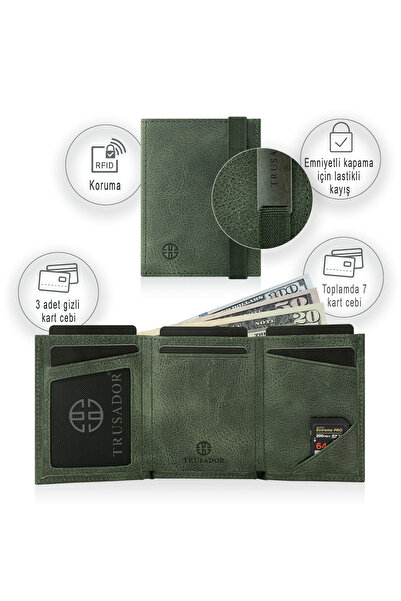 Trusador Marseille Green Zippered Genuine Leather Wallet with Mirror Elastic Rfid Protection Men Women