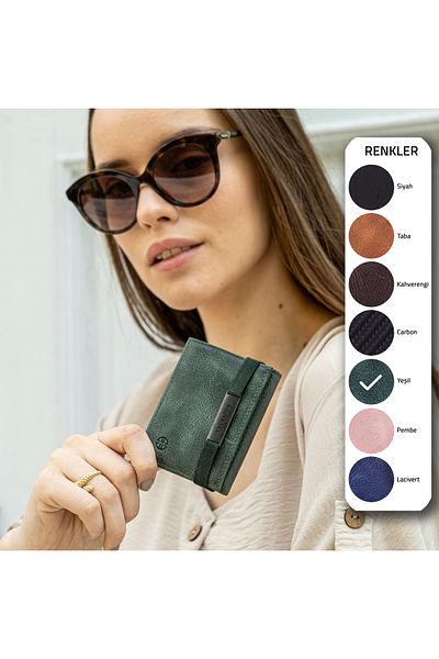 Trusador Marseille Green Zippered Genuine Leather Wallet with Mirror Elastic Rfid Protection Men Women
