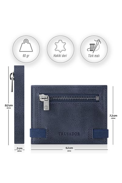 Trusador Marseille Navy Blue Zippered Genuine Leather Wallet with Mirror Elastic Rfid Protection Men Women