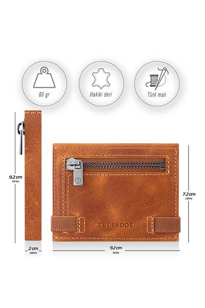 Trusador Marseille Tan Zippered Genuine Leather Wallet with Mirror Elastic Rfid Protection Men Women